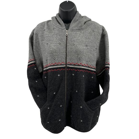 Woolrich Wool Sweater Jacket WMNS XL Onyx Heather Colorblock Hooded Zip Dotted - Picture 2 of 12